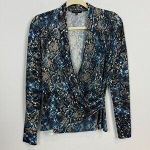 Lafayette 148 New York Cashmere Blue Snake Print Wrap Sweater M